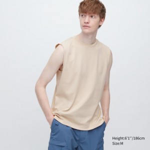 Beige Men Uniqlo Airism Cotton Sleeveless T Shirts | USA CLSYP-6273