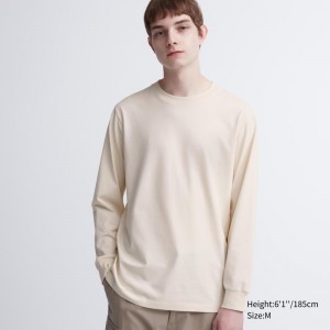 Beige Men Uniqlo Airism Cotton Uv Protection Crew Neck Long-sleeve T Shirts | USA XSZOK-7534