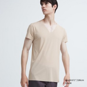 Beige Men Uniqlo Airism Mesh Anti-odor V-neck T Shirts | USA KLWQM-8029