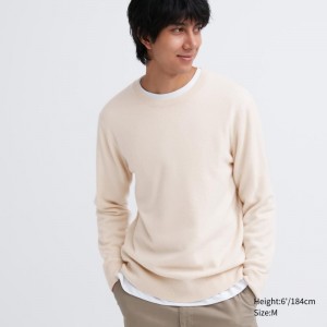 Beige Men Uniqlo Cashmere Crew Neck Long-sleeve Sweaters | USA NRYJV-8419