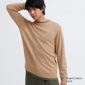 Beige Men Uniqlo Cashmere Crew Neck Long-sleeve Sweaters | USA FEZMU-3954