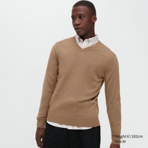 Beige Men Uniqlo Extra Fine Merino V-neck Sweaters | USA PCYUW-2876