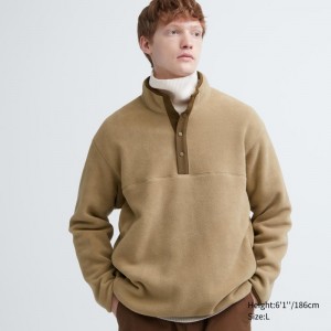 Beige Men Uniqlo Fleece Button Up Long Sleeve Pullover Hoodie | USA VUBZE-0917