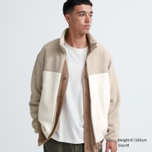 Beige Men Uniqlo Fleece Long Sleeve Full-zip Jackets | USA UMTSG-7452