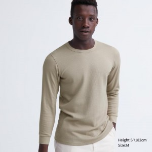 Beige Men Uniqlo Heattech Cotton Waffle Crew Neck (Extra Warm) T Shirts | USA NEMOK-0753