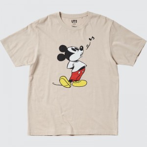 Beige Men Uniqlo Mickey Stands Ut (Short-sleeve Graphic) T Shirts | USA HGIZL-9637