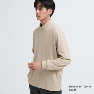 Beige Men Uniqlo Smooth Fleece Mock Neck T Shirts | USA DIQXS-6930