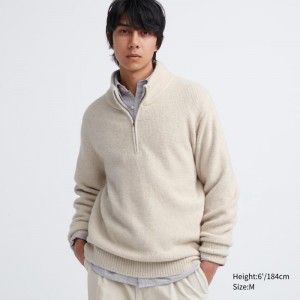 Beige Men Uniqlo Souffle Yarn Long Sleeve Half-zip Sweaters | USA SRULM-4806