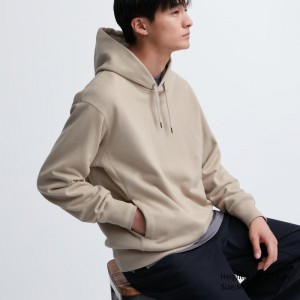 Beige Men Uniqlo Sweat Pullover Long-sleeve Hoodie | USA XCOYU-9057