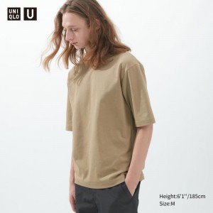 Beige Men Uniqlo U Airism Cotton Oversized Crew Neck Half-sleeve T Shirts | USA JEFSI-4763