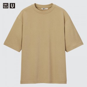 Beige Men Uniqlo U Airism Cotton Oversized Crew Neck Half-sleeve T Shirts | USA HUXOF-6793