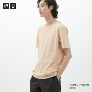 Beige Men Uniqlo U Crew Neck Short-sleeve T Shirts | USA XWCHQ-7396