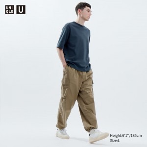 Beige Men Uniqlo U Wide-fit Parachute Cargo Pants | USA BNCDK-2549