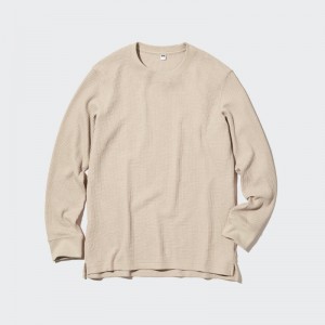 Beige Men Uniqlo Waffle Crew Neck Long-sleeve T Shirts | USA HIOUL-0261