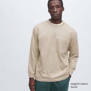 Beige Men Uniqlo Washed Cotton Crew Neck Long-sleeve T Shirts | USA OPXVZ-8721