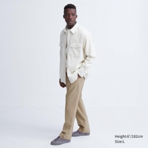 Beige Men Uniqlo Wide-fit Pleated Pants | USA PBVGK-8402