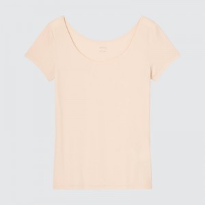 Beige Women Uniqlo Airism Scoop Neck Short-sleeve T Shirts | USA ESQWZ-5467