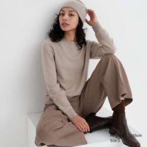 Beige Women Uniqlo Cashmere Crew Neck Long-sleeve Sweaters | USA HQUKC-8506