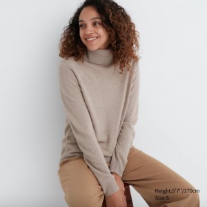 Beige Women Uniqlo Cashmere Turtleneck Long-sleeve Sweaters | USA BVKYC-1072