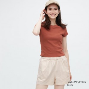 Beige Women Uniqlo Cotton Easy Shorts | USA IZMPS-4785