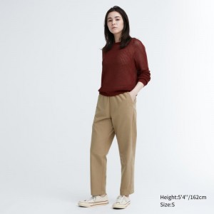 Beige Women Uniqlo Cotton Relaxed Ankle Pants | USA AHDXU-9254