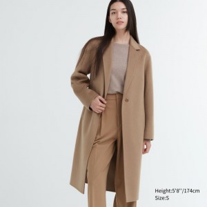 Beige Women Uniqlo Double Face Long Coats | USA KFTMD-7968