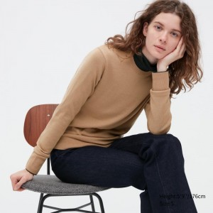 Beige Women Uniqlo Extra Fine Merino Crew Neck Sweaters | USA UZVXQ-5139