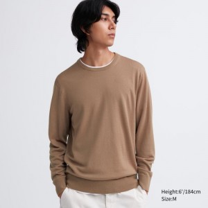 Beige Women Uniqlo Extra Fine Merino Crew Neck Sweaters | USA ZFNOV-9630