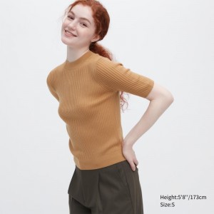 Beige Women Uniqlo Extra Fine Merino Ribbed Mock Neck Half-sleeve Sweaters | USA ZCXBI-9206