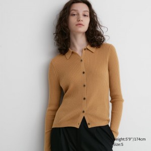 Beige Women Uniqlo Extra Fine Merino Ribbed Polo Cardigan | USA TXSPJ-6748