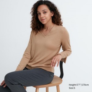 Beige Women Uniqlo Extra Fine Merino V-neck Long-sleeve Sweaters | USA JDKCZ-7950