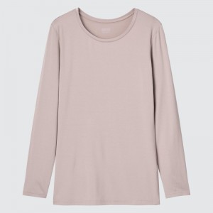 Beige Women Uniqlo Heattech Crew Neck Long-sleeve T Shirts | USA ZGBTX-3421