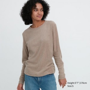 Beige Women Uniqlo Heattech Fleece Crew Neck Long Sleeve T Shirts | USA GQDAE-9130