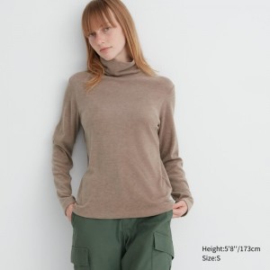 Beige Women Uniqlo Heattech Fleece Turtleneck Long-sleeve T Shirts | USA ZXBDF-5312