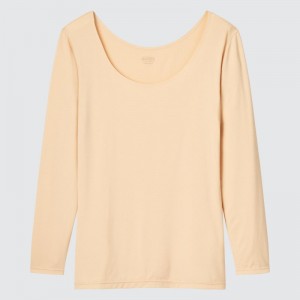 Beige Women Uniqlo Heattech Scoop Neck Long-sleeve T Shirts | USA LVRNA-4590