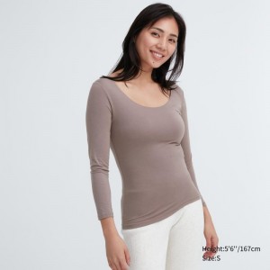 Beige Women Uniqlo Heattech Scoop Neck Long-sleeve T Shirts | USA VBJQC-8946