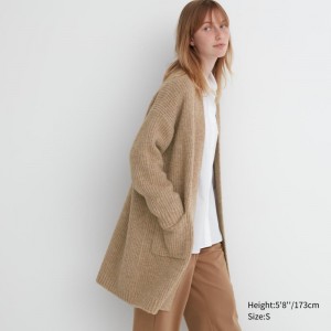 Beige Women Uniqlo Knitted Long Coats | USA QBXHU-5702