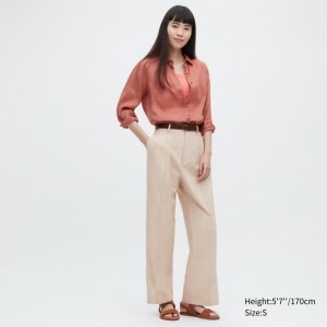 Beige Women Uniqlo Linen Blend Tucked Wide Pants | USA RTBQH-8927