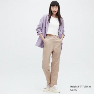 Beige Women Uniqlo Linen Cotton Tapered Pants | USA SPHTB-7309