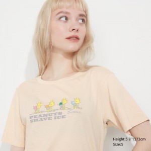 Beige Women Uniqlo Peanuts Hawaii Ut (Short-sleeve Graphic) T Shirts | USA ZBRNM-3748