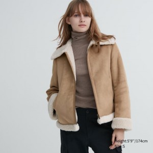 Beige Women Uniqlo Pile-lined Jackets | USA JBOEY-7034