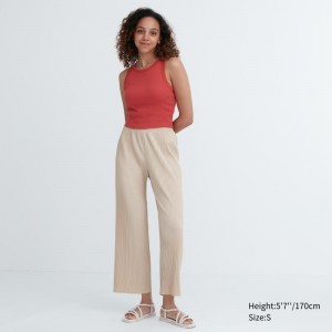 Beige Women Uniqlo Pleated Straight Pants | USA CKUGB-0981