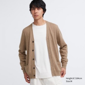 Beige Women Uniqlo Premium Lambswool V-neck Long-sleeve Cardigan | USA MGJVC-2091