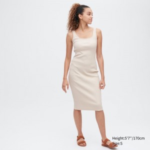 Beige Women Uniqlo Ribbed Square Neck Sleeveless Dress | USA DOGCL-0465