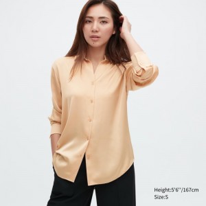 Beige Women Uniqlo Satin Long-sleeve Blouse | USA OAZXL-0279