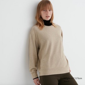 Beige Women Uniqlo Soft Knitted Fleece Crew Neck Long-sleeve T Shirts | USA IEQOG-9821