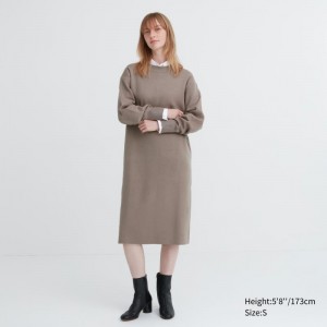 Beige Women Uniqlo Souffle Yarn Long-sleeve Dress | USA KMSAL-6941