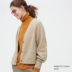 Beige Women Uniqlo Souffle Yarn Long-sleeve Short Cardigan | USA BERDV-6927