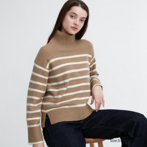 Beige Women Uniqlo Souffle Yarn Striped High Neck Long-sleeve Sweaters | USA NZVBF-5683