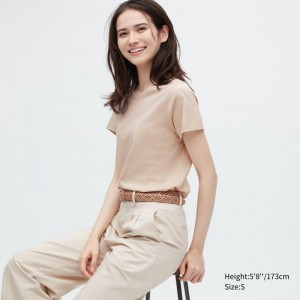 Beige Women Uniqlo Supima® Cotton Crew Neck Short-sleeve T Shirts | USA DUYOQ-8017